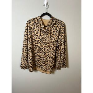 Womens Leopard Print Hoodie Long Sleeve Roll Tab Top Tan Large